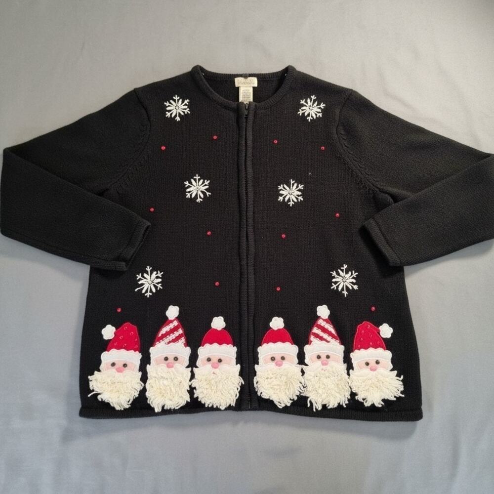 Classic Elements Vintage Women's Large Black Full Zip Santa Beaded Cardigan